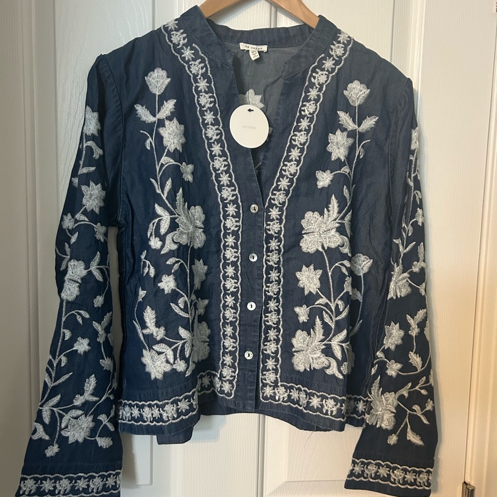 Floral Embroidered Denim Button-Up Top
